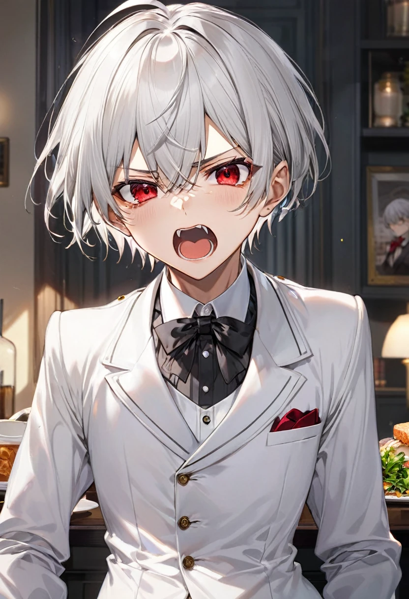 (angry:1.3 style) (wide open mouth), ( yo, solo crew cut silver hair very short hair divine boy, angry red eyes wide open, angry:1.5 face, flat chest), (in a butler suit), break, (background is Diet scene), BREAK, perfect anatomy, masterpiece, best quality, 16k, beautiful detailed body, daydreaming expression.