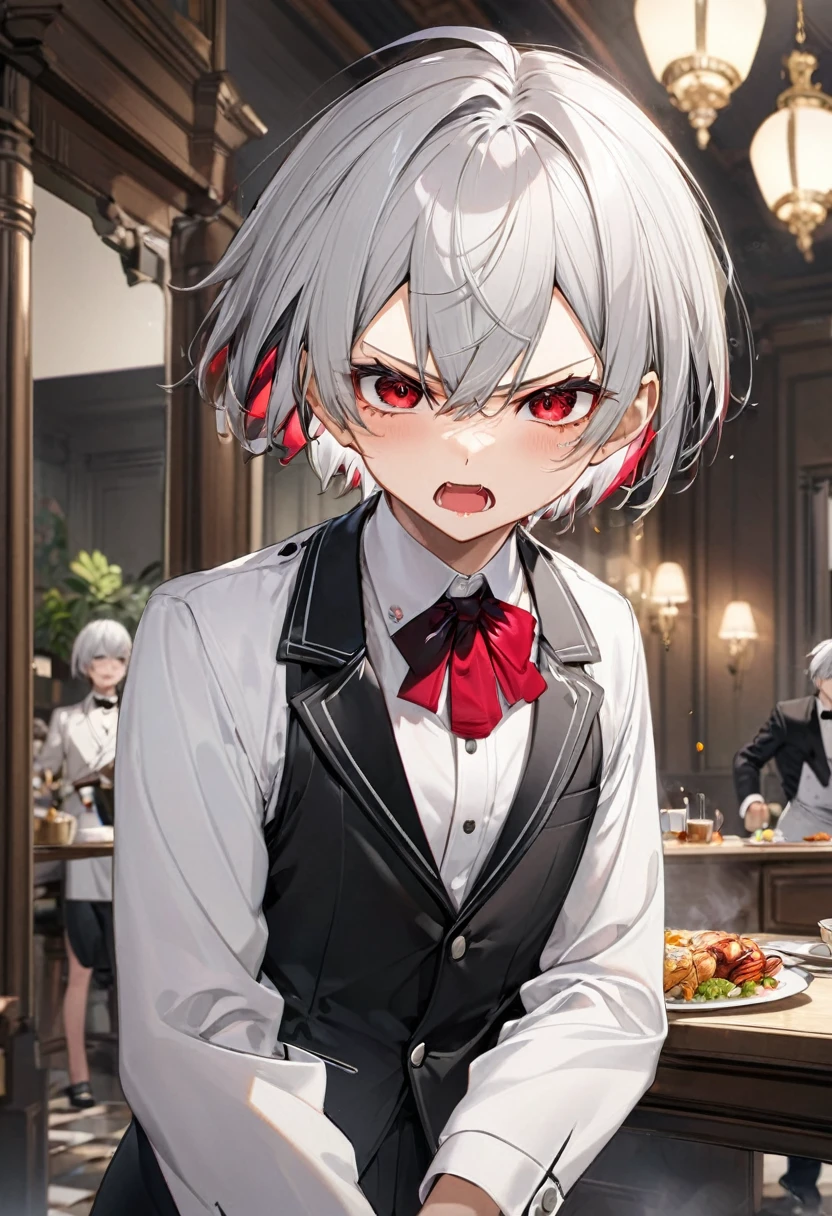 (angry:1.3 style) (wide open mouth), (16 yo, solo crew cut silver hair very short hair divine boy, angry red eyes wide open, angry:1.5 face, flat chest), (in a butler suit), break, (background is Diet scene), BREAK, perfect anatomy, masterpiece, best quality, 16k, beautiful detailed body, daydreaming expression.