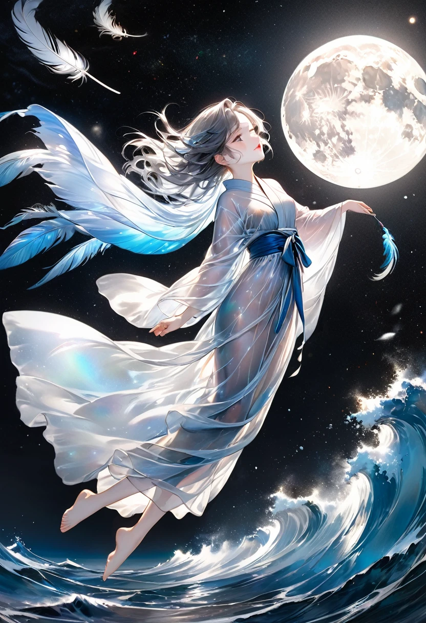 Highest quality, Super quality, 16K, masterpiece, RAW Photos, Realistic, Three-dimensional depiction of rippling oil paintings, A fusion of watercolor and oil painting, Monochrome and color combination, Ocean and galaxy universe in the daytime big full moon, the transparent translucent iridescent feather robe of heavenly maiden perched in the air and fluttering in the Wind, Wind, Wind-effects, Excellent image effect, A wonderful work of art、Tears