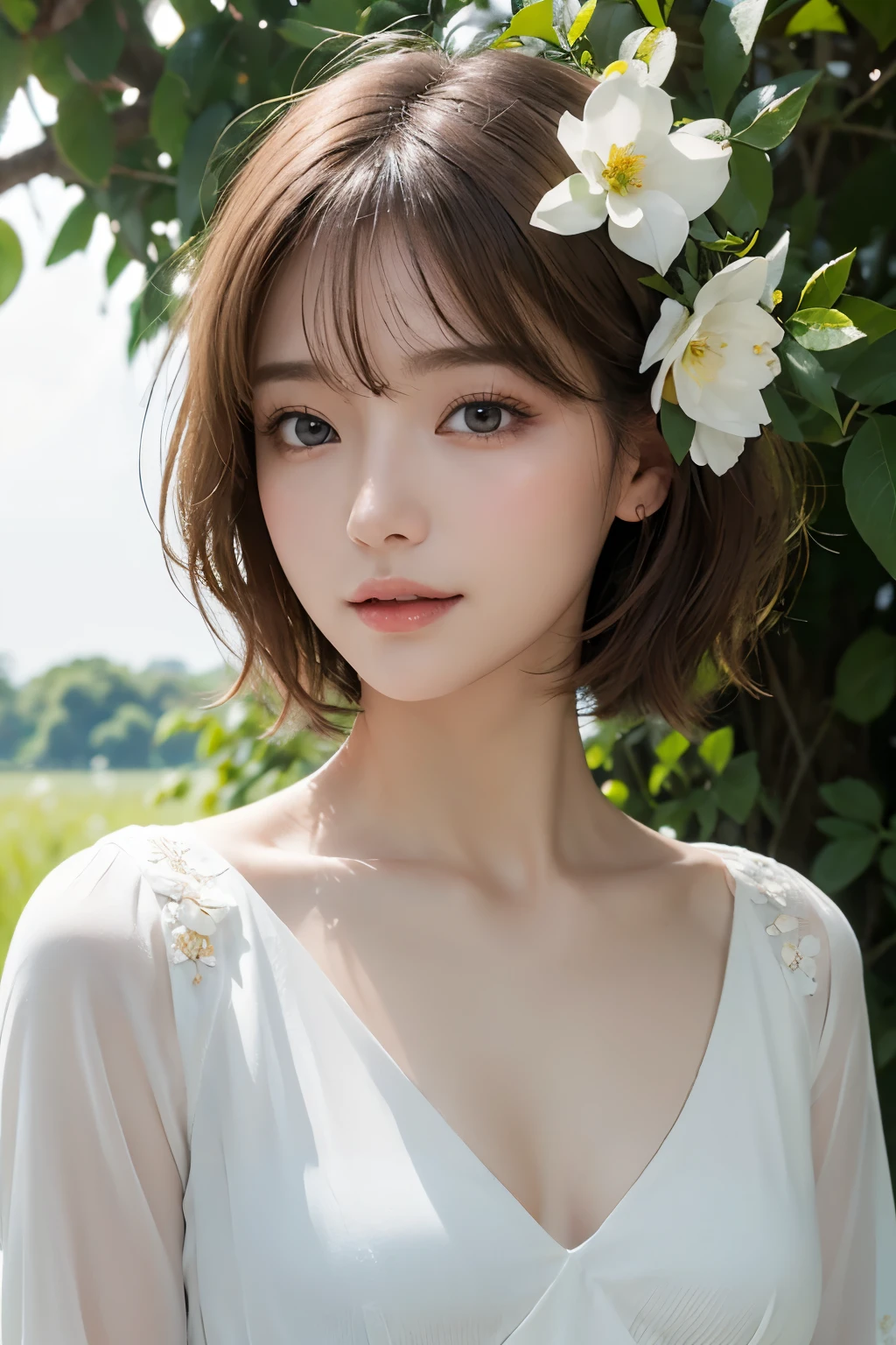 Ultra-high resolution、(Real:1.4)、One beautiful woman、Beautifully detailed eyes and skin、Light brown short hair、A tiny smile、Small Bust、shirt、White flowers in the meadow々、Remains of ancient structures、wood々Beyond the sea、Cloudy、Soft sunlight at dusk、