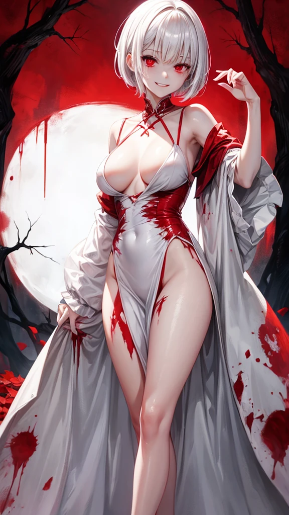 White short hair, Red eyes, small breast, long legs, White dress, Yandere girl, blood on face, scary smile