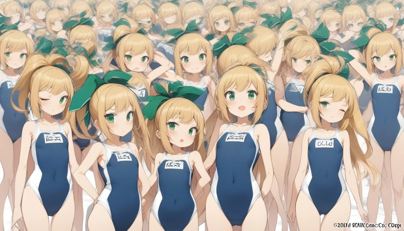 Short stature,flat chest,clone girls,extremely number of clone girls, blond hair, green eyes,roll(mega man classic),swimsuit roll(mega man x dive old design),high ponytail hair,Sleeveless navy one piece old type school swimsuit with white stripes from armpit to flank,white name tag, navy heeled sandals, green ribbon,human appearance,same height,same appearance, same face,fill the entire image, absolutely everyone, many clone, masterpiece, best quality,insanely detailed, 20000+ clone girls, perfect features,multiple clone girls,same school swimsuit,same hair,official art,girls only