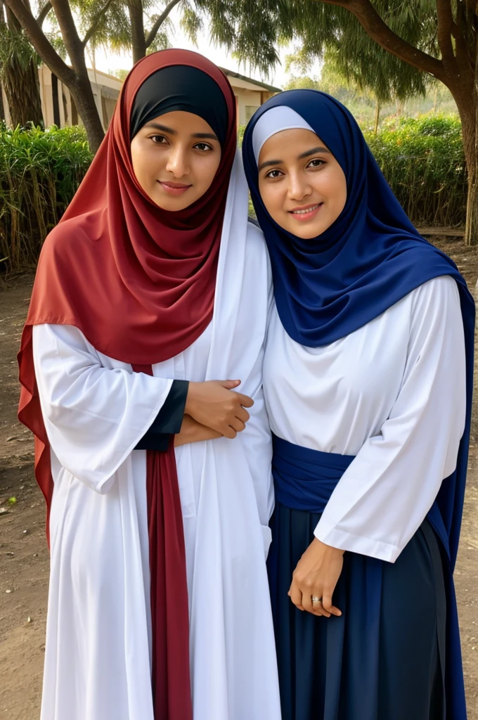 Two children sitting together on wooden chairs, on a neutral colored background. A 9 year old girl with a beautiful and cute face, wearing a white and red uniform, white hijab with badge, watch and white shoes. A 4 year old girl, cute and chubby face, wearing a white hijab, white shirt, and long green skirt with neat folds, black shoes. Soft lighting gives a warm impression to the picture.