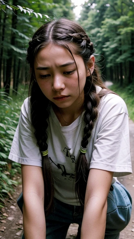 Girl with braided hair,16 years old、Peeing on a dark forest road, I can't stand it anymore, Horny Face, Facing the Pain of Endurance, close your eyes