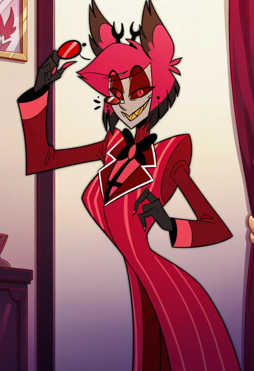 alastor, solo, 1girl, standing, (huge breasts), grey skin, red suit, monocle, BREAK score_9, score_8_up, score_7_up, score_6_up, screencap
