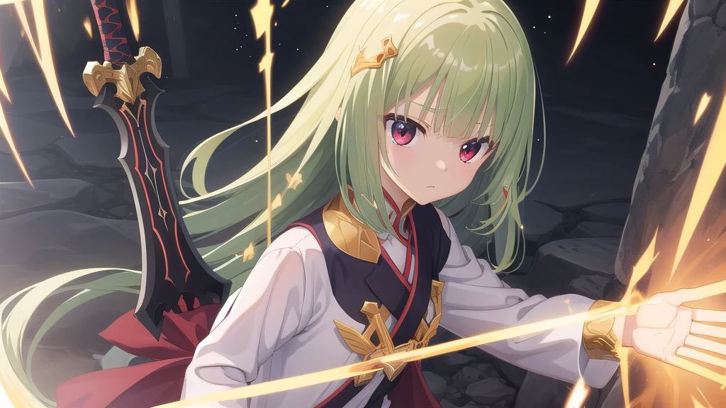 ((masterpiece)),(best quality),Official Art,Extremely detailed CG,Unity 8K wallpaper,Very detailed,Beautiful and delicate eyes,Extremely detailed face,1 girl,solitary,,(whole body:1.5),(small:1.3),,,Murasame,Very long hair,Green Hair,Face Up,Purple bow,hairpin,Side chains,Bangs,Red Eyes,Neck strap,Red belt,Sword Master，Still wearing a flowing white robe，Showing the free and noble character，The golden life energy gathered from his brows，The majestic life energy provides his sword-holding hand with extraordinary strength.，The overflowing energy dyed the ends of the hair and the hem of the clothes white.，Gives a sense of transcendence 。Weapon design，The golden sword body represents the gathering of countless life energies.，After entering the enhanced state，The sword is broken，Energy bursts from the sword，Transformed into golden lightning，Can beat everything，Save the world。
He appeared in the dazzling energy of life，The golden light gathered into a long sword in his hand, and with the power of the sword, he broke through the layers of the glass illusion.，Descend as a God。The golden energy wrapped around the sword, and the light flowed as it was swung.。Sometimes, the sword energy and light blades were raised, and four golden clones transformed into crosses to cut off the floating boulders. Sometimes, a giant sword of light flashed in the afterimage hurricane and fell from the sky to shatter the glass illusion.。

