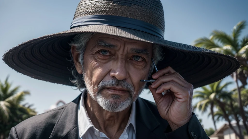 crie a imagem de um homem, preto velho, com roupas simples, drinking coffee with one and holding a cane in the other, with blue sky lights around you, wearing straw hat, com velas ao seu redor
