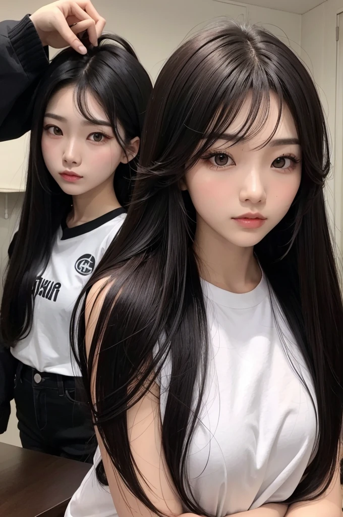 Coreano com cabelo preto com mechas de cabelo brancas