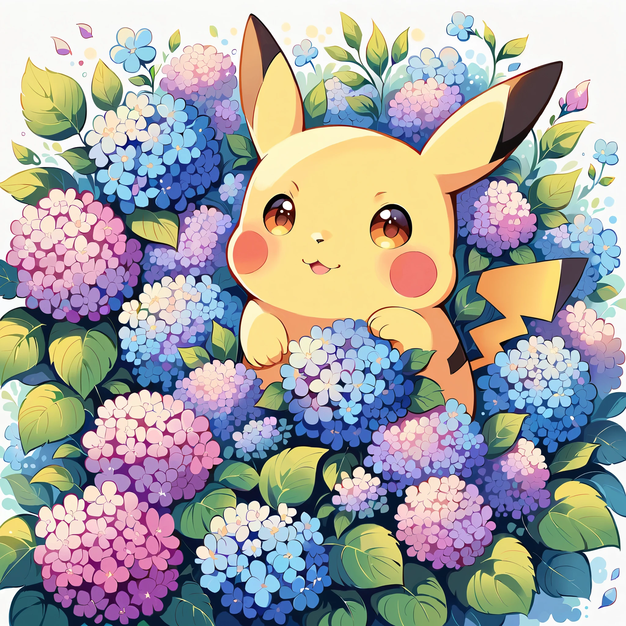Create a cute illustration of Pikachu playing among hydrangeas. Pikachu should be surrounded by blooming hydrangea flowers in various shades of blue, pink, and purple. Include details like Pikachu smelling a flower or playing with a fallen petal. The scene should be vibrant and cheerful, capturing the beauty of hydrangeas in bloom.