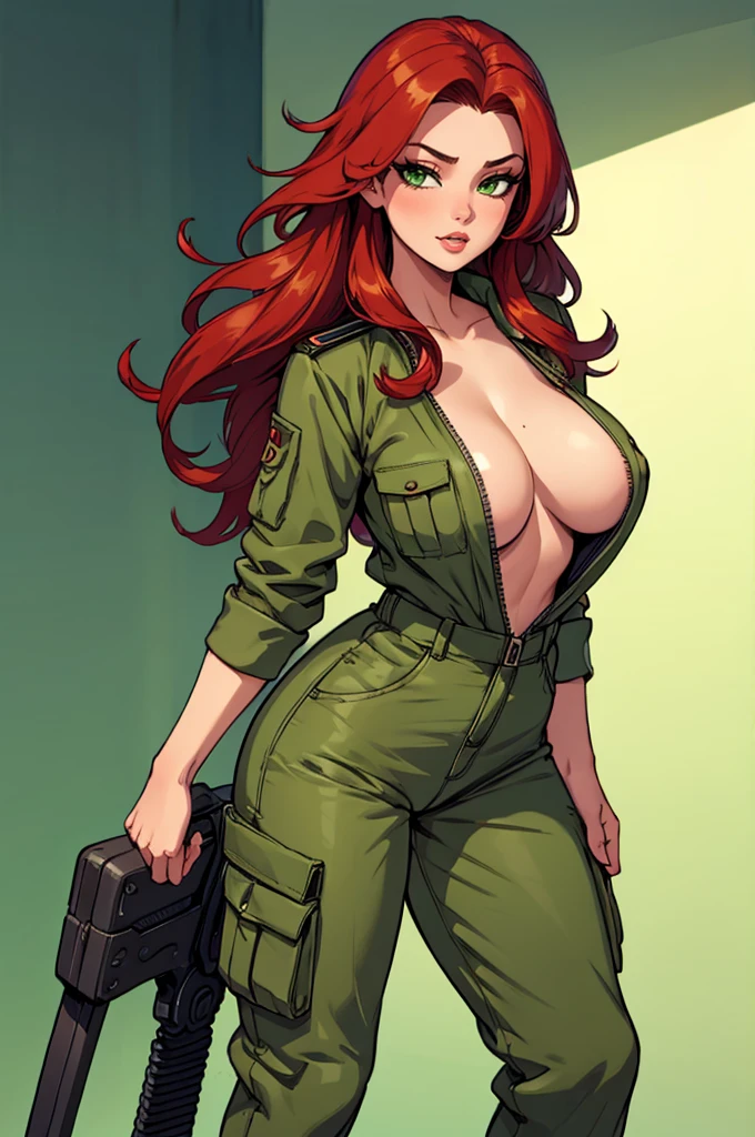 green solid background, 1 woman, best quality, ultra high res, long hair, red hair, green eyes, full lips, military overall jumpsuit, cargo pants, combat boots, winking at viewers, double D breast, standing, full body picture, holding tool