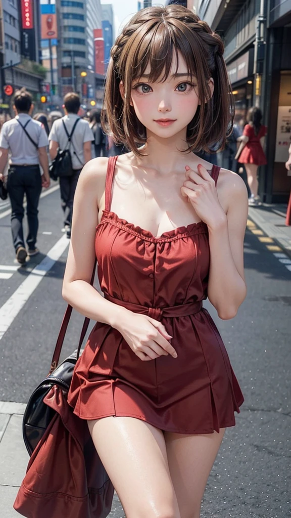 1 female,perfect 20 year old,smile:1.3,(Brown eyes),(( 8k,masterpiece,Perfect Anatomy)),Cowboy Shot,(Beautiful and exquisite face and eyes,gorgeous eyes:1.3), break ,Brown eyes, break ,Blonde:1.3,bangs, break ,smile,blush,Small breasts、break ,Are standing,on the road,Shibuya Station、Tokyo、((Background blur)),((Red dress))、french braid,Street Snap、
