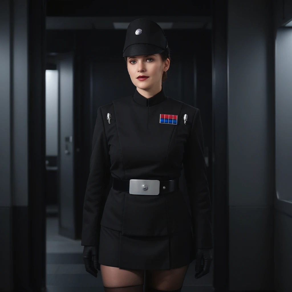 a fullbody  photograph of a beautiful female imperail officer wearing a black uniform with a skirt, standing in a dark interior 