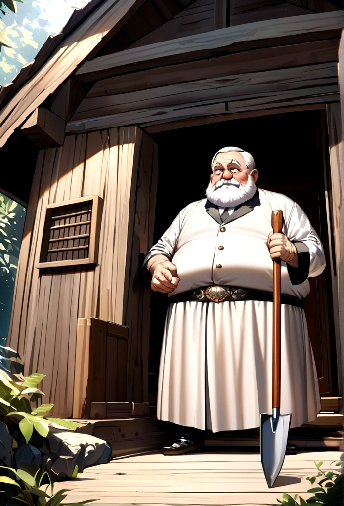 An old fat man with white hair sit in a wood hut holding a shovel .Approaching perfection, Close up Shot, Ultra detailed, smooth, HD resolution.
