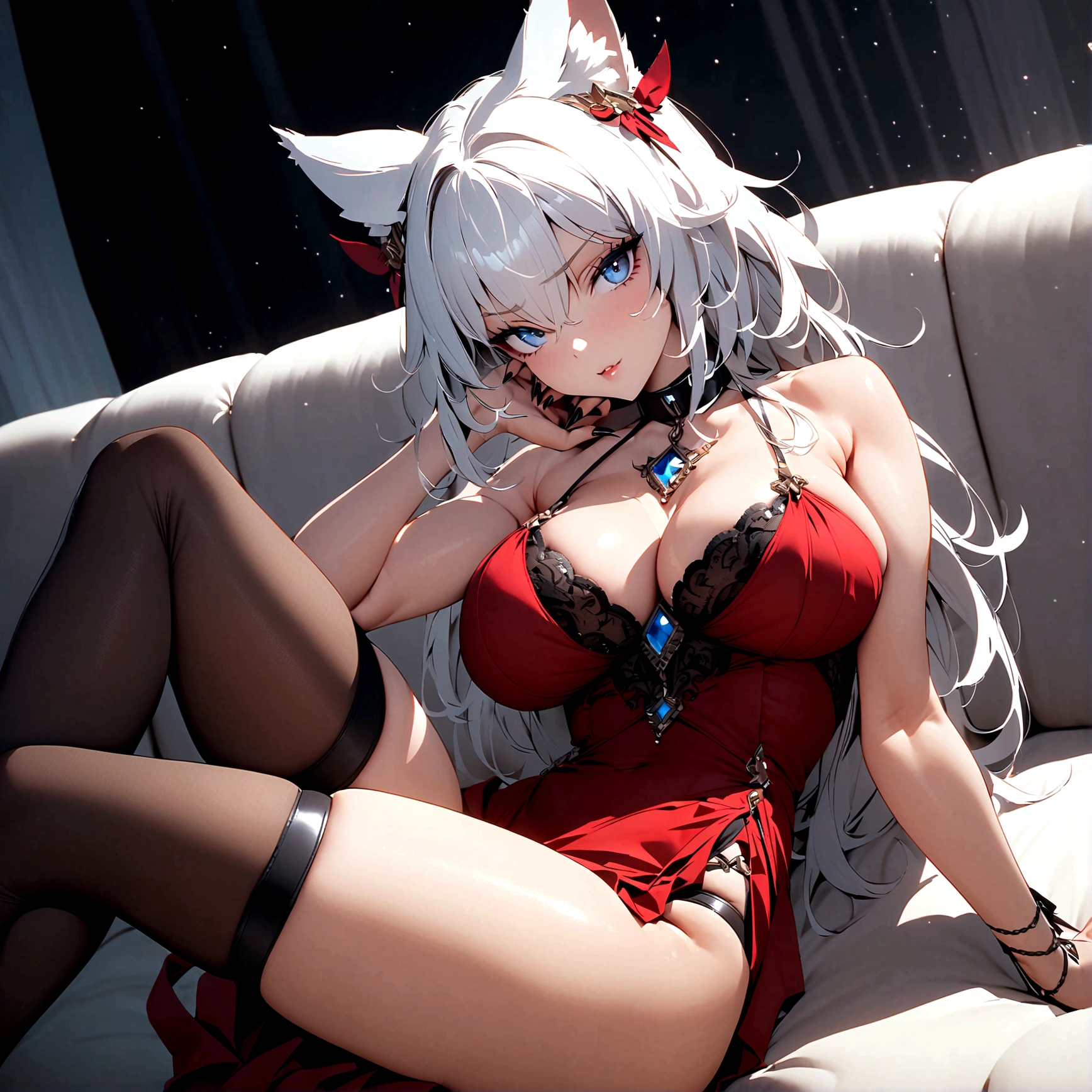 (Modelshoot style), A sexy cat girl ((busty, toned body)), white fluffy ears, white hair (some black strands), red_dress (tight, sexy), black_nails, black-heels, black-stockings, on couch, leaning back, during, nsfw, big breasts (spilling out of sides and top of dress), dress into neck collar, tall, seductive face with nails, sharp nails, blue_eyes, cleavage 