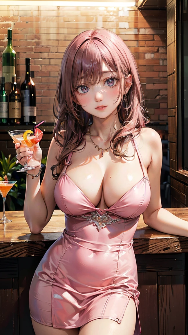 (Masterpiece, BestQuality:1.3), (ultra detailed:1.2), (hyperrealistic:1.3), (RAW photo:1.2), High detail RAW color photo, professional photograph, (Photorealistic:1.4), (realistic:1.4), professional lighting, perfect anatomy, (Big Breasts:1.2), (blush, detailed face), (cheerful Smile:1.5), Trending Hair&Trending Hairカラーをランダムに, earrings, necklace, bracelet, sexy, erotic sexy, Random sexy gravure poses, (A sexy beauty in a pink cocktail dress is smiling while enjoying a drink at a bar。Pink semi-long hair is beautiful。:1.3)