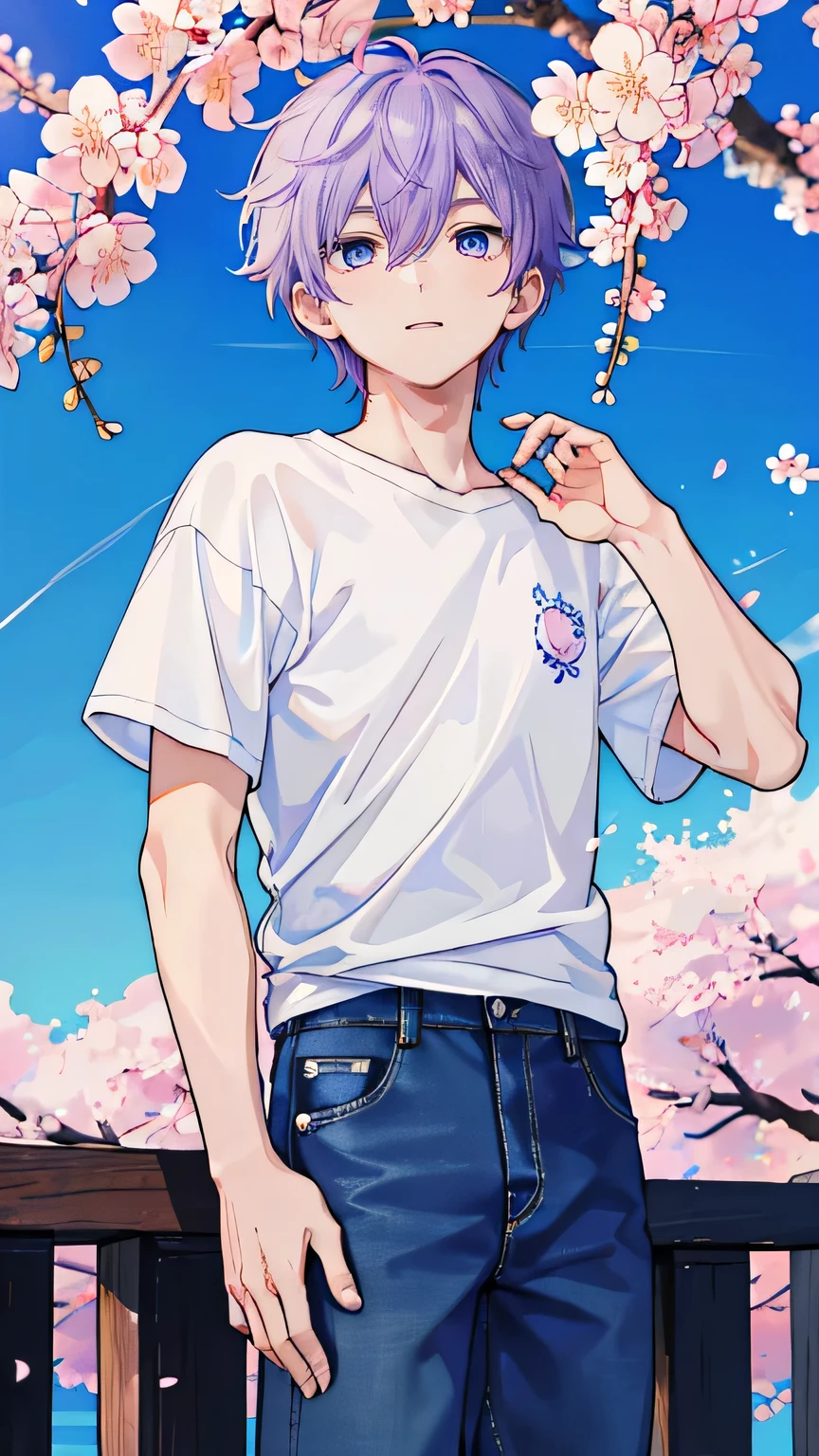 1 boy, purple hair, White short-sleeved tee, jeans, light blue eyes, Ball Cherry Blossom Background