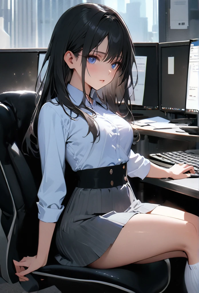 girl, 20 years old,Waist-length hair, Black Hair, blue eyes, Medium breasts, indoor,put,Short skirt,Knee-length socks,High heel,office,sit,,elegant,best quality, high resolution, Very detailed, Detailed background, Perfect lighting