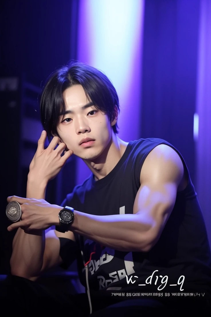 Korean boy, prominent feature of his face, enhancing his unique and captivating appearance, thick eyebrows, colored, pale skin with hair falling on his forehead, wearing a balaclava highlighting the color of his eyes and wearing a low-cut shirt, showing his musculature, he is sitting on a sofa making a sign with one of his hands and his body is toned like that of a Russian military man.