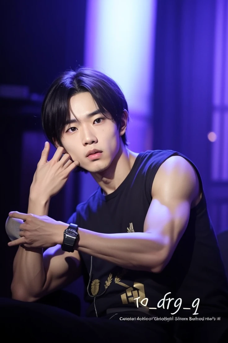 35 year old male idol, of Chinese-Japanese ethnicity, short hair shaved on the sides, with red tips, shirtless and marked abs, main vocalist and great dancer.