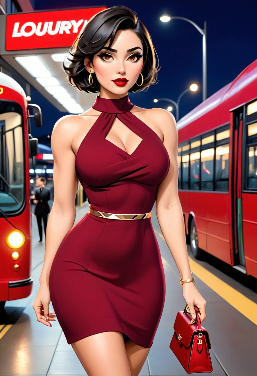 Beautiful woman with short dark hair with a bob cut with brown eyes wearing a Mock Neck Cut Out Dress, Sexy Criss Cross Mock Neck Sleeveless Dress, luxurious jewelry, 18k gold wedding ring, standing at a bus station at night carrying a luxurious handbag (red lipstick),(elegant mascara),(muscular body with abs),(big breasts) midjourney, <lora:GoodHands-, <lora:GoodLegs-, UHD, high resolution, (masterpiece:1.1, best quality), (expressive eyes, perfect face, full body, expressive face, perfect body, athletic, fit, slim body, blushing, Perfect makeup, eyeliner, beautiful eyelashes, smiling, horny face), ((best illumination, best shadows))
