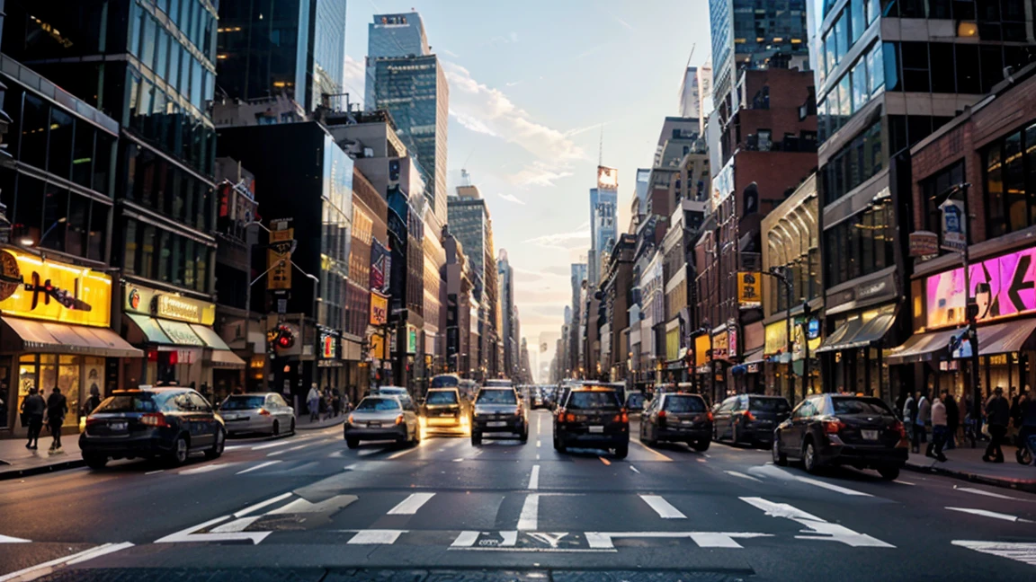 a crowded city street in New York City, massive skyscrapers, traffic jam, asphalt road, busy intersection, pedestrians crossing the street, detailed city landscape, gritty urban atmosphere, (ultra-high definition, hyper-realistic, highly detailed, high quality, sharp focus, professional lighting, vivid colors, intricate details),