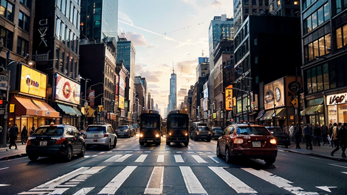 a crowded city street in New York City, massive skyscrapers, traffic jam, asphalt road, busy intersection, pedestrians crossing the street, detailed city landscape, gritty urban atmosphere, (ultra-high definition, hyper-realistic, highly detailed, high quality, sharp focus, professional lighting, vivid colors, intricate details),