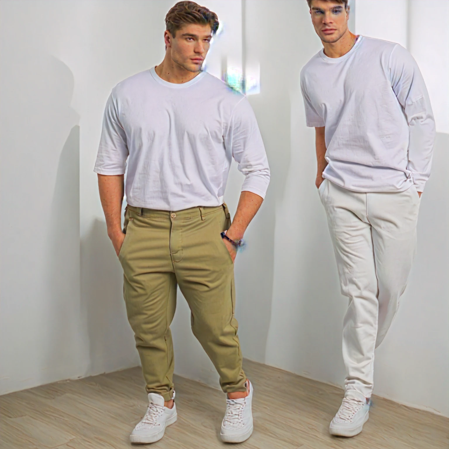 Standing in the corner，Man in white shirt and khaki pants, Loose trousers, wearing wide trousers wearing trousers and a T-shirt, wide trousers, Modern casual clothing, Casual Modern Clothing, Official product images, Work clothes, Wear a white T-shirt, Work clothes, Full body portrait, Full body photo of Steve, Full body pictures