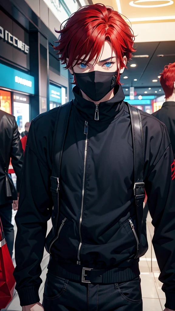 A blue-eyed man with a handsome face and red hair parted in the middle was taking a photo at the mall while wearing a black mask and dark clothes.