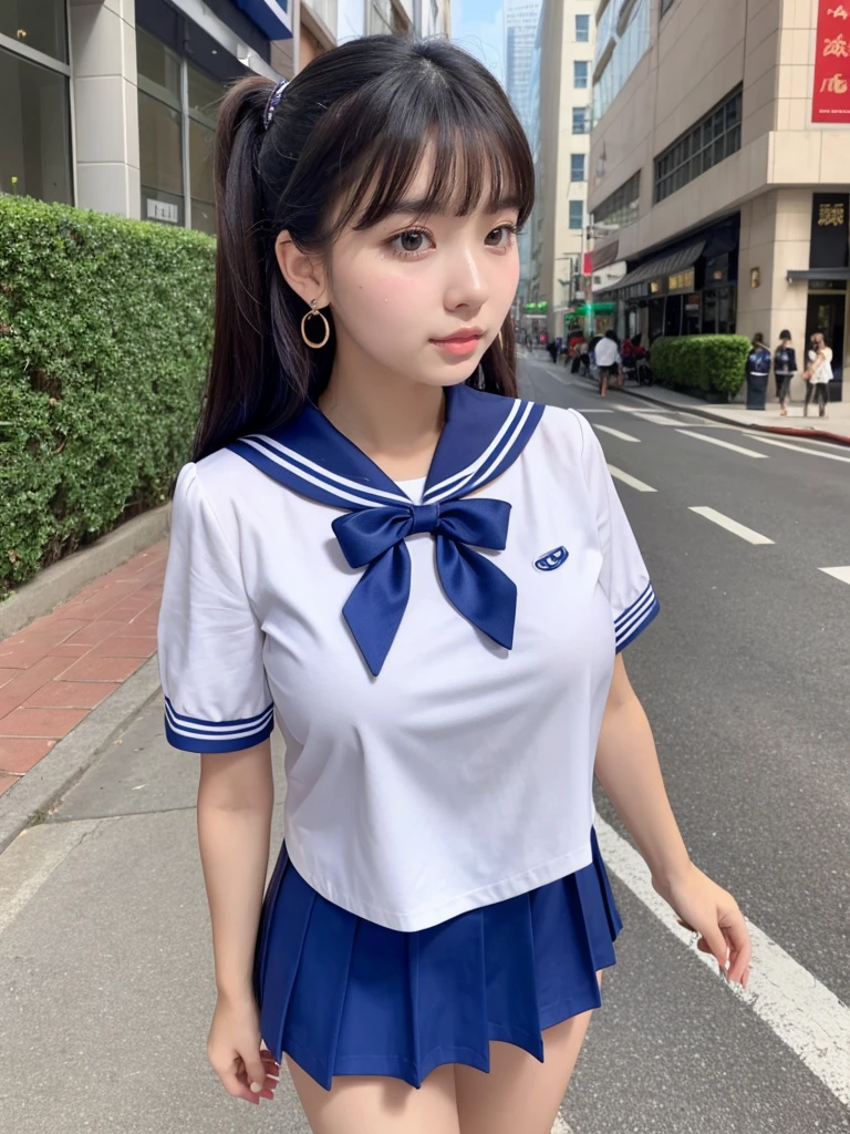 Beautiful woman、cute、Nice body、Big Tits、Earrings、Are standing、Super mini skirt short sleeve sailor uniform、On the streets of the city、(Shiny skin:1.3)、From the thigh up