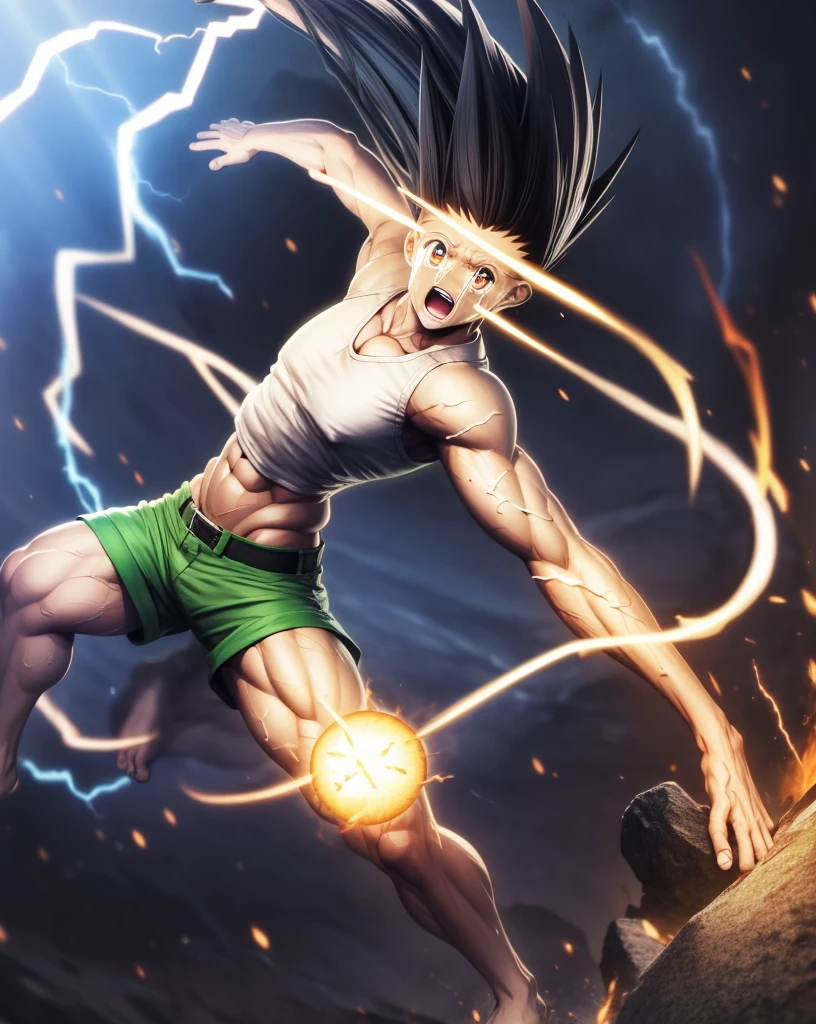 Gon, Adult, long black hair, ((crying)), kamehameha, charging, (white tank top), navel, green shorts, look at viewer, energy ball, electricity, aura,Mr. Gong,Adult Gon,Short tank top,Short trousers,Muscular,whole body