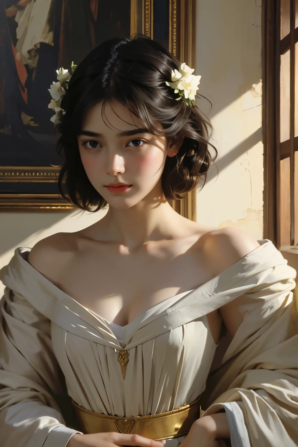 (masterpiece), (highest quality), oil, classical painting, 1 girl, portrait, bare shoulders, (evening dress:1.2), earth color, flowers、(Sargent oil painting)、(highest quality、masterpiece)、 Realistic, photorealist,solo,beautiful face、lifelike face、black haired、short hair、beautiful hairstyle、 real looking skin、beautiful skin、attractive、Cute blouse、 Upper body,detailed,dark background,Backlight、soft light、Inspired by Edmund Leighton,