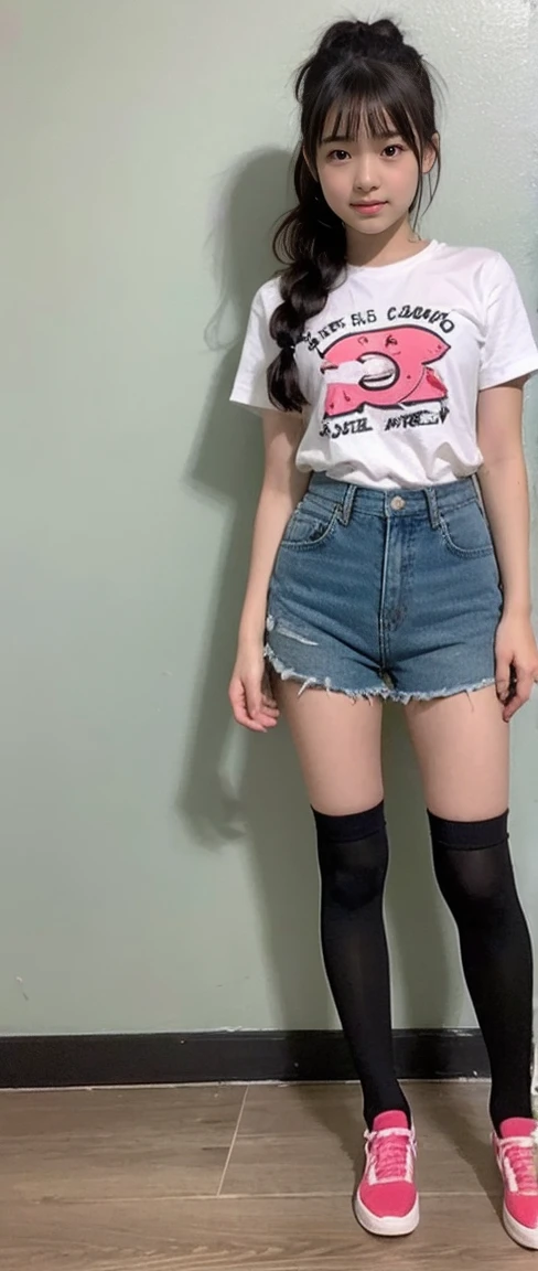 (13-year-old girl:1.5)、(Full body portrait:1.5)、(12 year old girl:1.5)、In order to**
1. **hairstyle**
- **color々hairstyle** Energetic and lovely、Use a ribbon or headband。
- **Profitable:** Gentle waves In order to a feminine look。
2. **Maximum amount**
- **Ruffled shirt:** 白またはパステルカラーのRuffled shirt。
- **Casual T-shirts:** T-shirts with prints and logos。
3. **Bottoms**
- **Flared skirt:** 黒ニーハイと相性抜群のFlared skirt。
- **shorts:**
4. **Knee socks**
- **pure black:** シンプルでどんなスタイルにも合う黒のKnee socks。
5. **shoe**
- **乐福shoe:** キレイめな黒やブラウンの乐福shoe。
- **运动shoe:** カジュアルで動きやすい运动shoe。