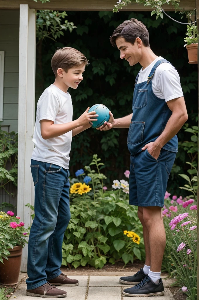 **Prompt:**

In a quiet suburban neighborhood, an elderly man tends to his garden early in the morning. His weathered hands carefully prune the roses, a task he's perfected over decades. As he works, a young boy from next door approaches timidly, clutching a tattered soccer ball. The boy hesitates for a moment before shyly asking if he can help water the flowers. Surprised but pleased, the man smiles warmly and hands the boy a watering can. Together, they work side by side, the generational gap bridged by a shared appreciation for simple moments of beauty and companionship amidst the blooming flowers and chirping birds.