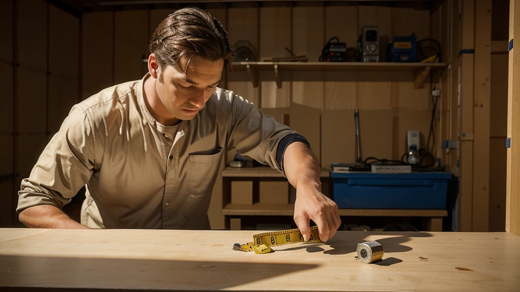 Realistic photo, with long exposure, of a builder who measures the length of a plywood sheet with a tape measure, high quality, photography