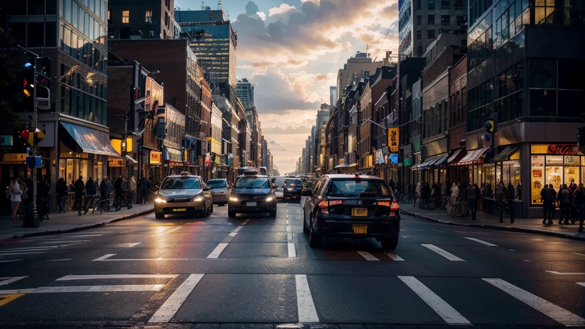 a crowded city street in New York City, massive skyscrapers, traffic jam, asphalt road, busy intersection, pedestrians crossing the street, detailed city landscape, gritty urban atmosphere, (ultra-high definition, hyper-realistic, highly detailed, high quality, sharp focus, professional lighting, vivid colors, intricate details), (best quality,4k,8k,16k,Highest,masterpiece:1.2),(realistic,photorealistic,photo-realistic:1.37), (extremely detailed CG unit, 16k wallpaper), 16k UHD, 16k HDR, Fujifilm XT3 sharp focus, professional lighting, vivid colors, intricate details, film grain, RAW photography, Fujifilm XT3 realistic painting art, f5.6, physically-based rendering, natural lighting, cinematic lighting ,dramatic lighting, professional, dynamic movement, colorful lighting, vibrant colors, studio lighting, professional photography, cinematic composition, symmetrical framing, landscape, Utilize state-of-the-art deep learning models and adjust parameters according to quality metrics such as Structural Similarity (SSIM) and Perceptual Loss to create an image that is indistinguishable from a real, high-quality photograph, fine-tuning, (be creative),