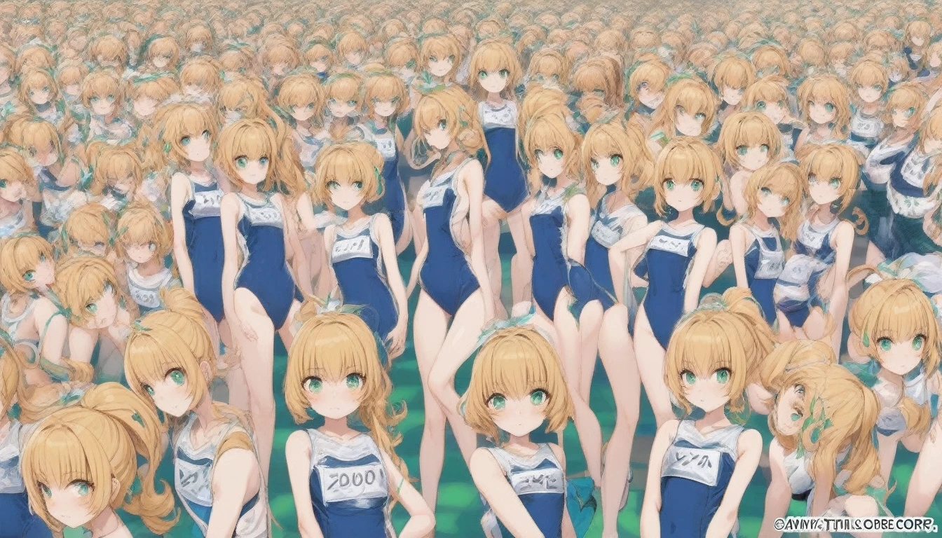 Short stature,flat chest,clone girls,extremely number of clone girls, blond hair, green eyes,roll(mega man classic),swimsuit roll(mega man x dive old design),high ponytail hair,Sleeveless navy one piece old type school swimsuit with white stripes from armpit to flank,white name tag, navy heeled sandals, green ribbon,human appearance,same height,same appearance, same face,fill the entire image, absolutely everyone, many clone, masterpiece, best quality,insanely detailed, 20000+ clone girls, perfect features,multiple clone girls,same school swimsuit,same hair,official art,girls only,extremely full of extremely crammed