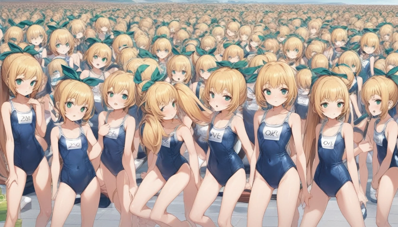 Short stature,flat chest,clone girls,extremely number of clone girls, blond hair, green eyes,roll(mega man classic),swimsuit roll(mega man x dive old design),high ponytail hair,Sleeveless navy one piece old type school swimsuit with white stripes from armpit to flank,white name tag, navy heeled sandals, green ribbon,human appearance,same height,same appearance, same face,fill the entire image, absolutely everyone, many clone, masterpiece, best quality,insanely detailed, 20000+ clone girls, perfect features,multiple clone girls,same school swimsuit,same hair,official art,girls only,extremely full of extremely crammed