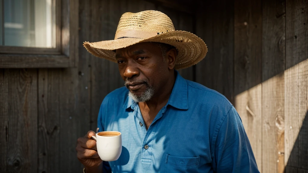 an old black man, simple clothes, holding a coffee cup in one hand and a cane in the other, surrounded by soft blue sky lights, wearing a straw hat, candles around him, chiaroscuro lighting, cinematic, dramatic shadows, detailed portrait, realistic, photorealistic, masterpiece, 8k, best quality, ultra-detailed, sharp focus, physically-based rendering, vivid colors