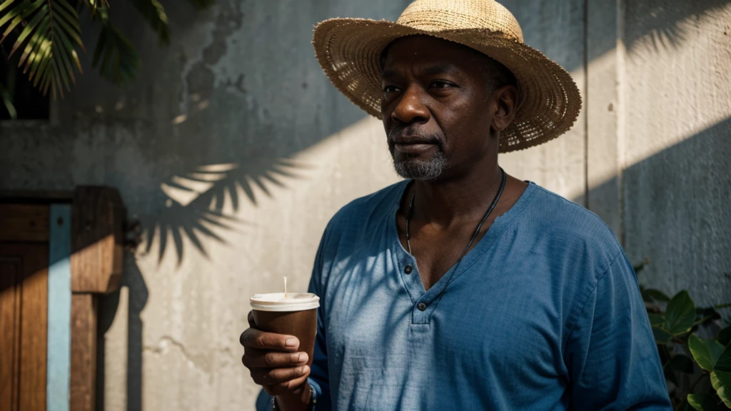 an old black man, simple clothes, holding a coffee cup in one hand and a cane in the other, surrounded by soft blue sky lights, wearing a straw hat, candles around him, chiaroscuro lighting, cinematic, dramatic shadows, detailed portrait, realistic, photorealistic, masterpiece, 8k, best quality, ultra-detailed, sharp focus, physically-based rendering, vivid colors
