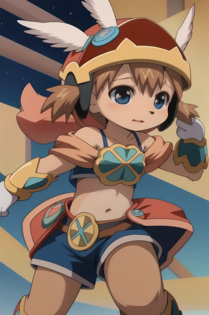 1girl, solo, winged helmet, akazukin, akz-armor, shorts, full body, fighting stance, furry girl, dog, floppy dog ears, brown body fur, detailed body fur, glistering body, shiny body, gorgeous body,