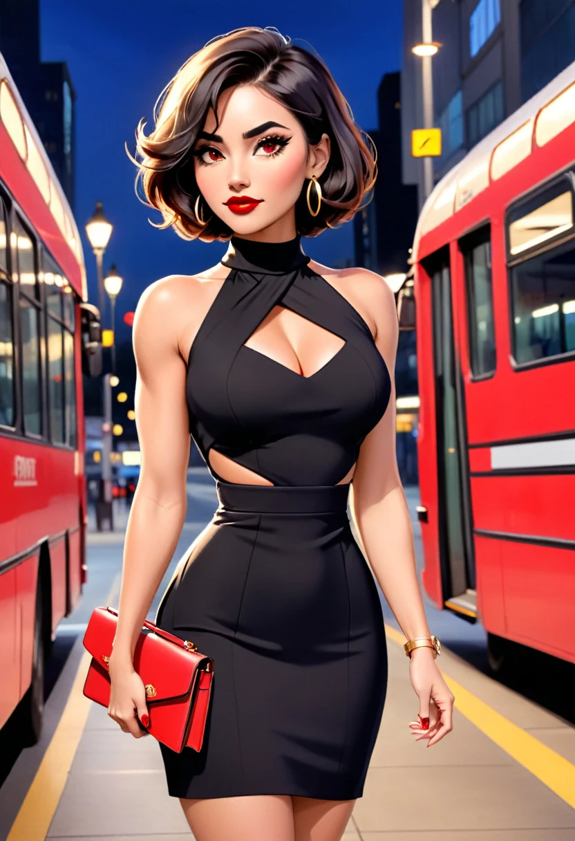 Beautiful woman with short dark hair with a bob cut with brown eyes wearing a Mock Neck Cut Out Dress, Sexy Criss Cross Mock Neck Sleeveless Dress, luxurious jewelry, 18k gold wedding ring, standing at a bus station at night carrying a luxurious handbag (red lipstick),(elegant mascara),(muscular body with abs),(big breasts) midjourney, <lora:GoodHands-, <lora:GoodLegs-, UHD, high resolution, (masterpiece:1.1, best quality), (expressive eyes, perfect face, full body, expressive face, perfect body, athletic, fit, slim body, blushing, Perfect makeup, eyeliner, beautiful eyelashes, smiling, horny face), ((best illumination, best shadows))