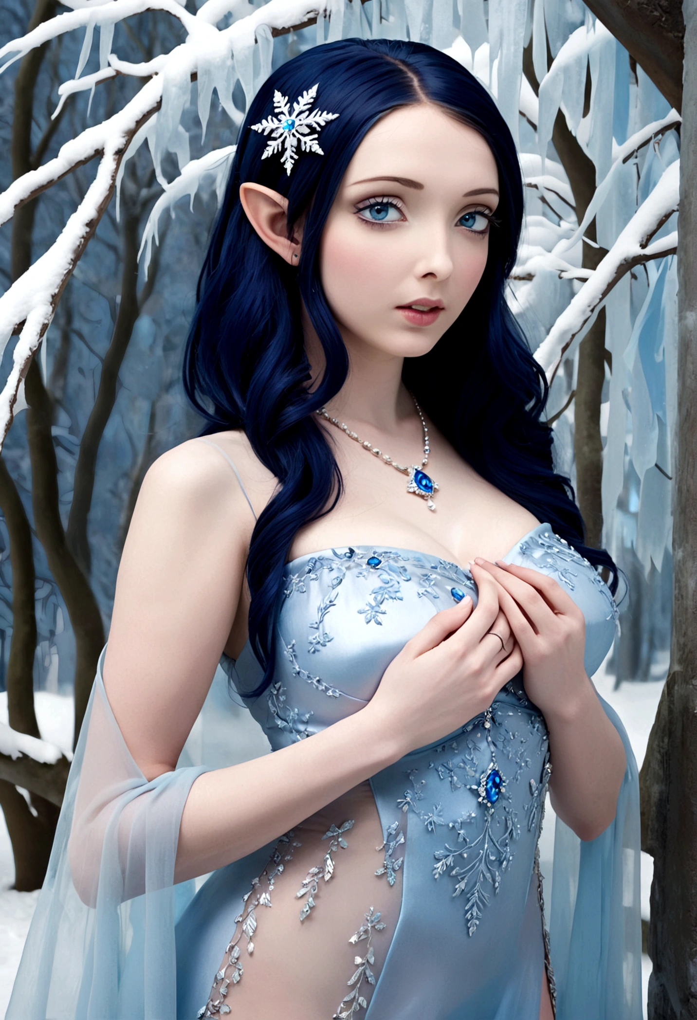 A ice elf (lovely woman, pale blue skin, deep blue hair and eyes, sheer reflective evening dress) acting alluring in a winter wonder land