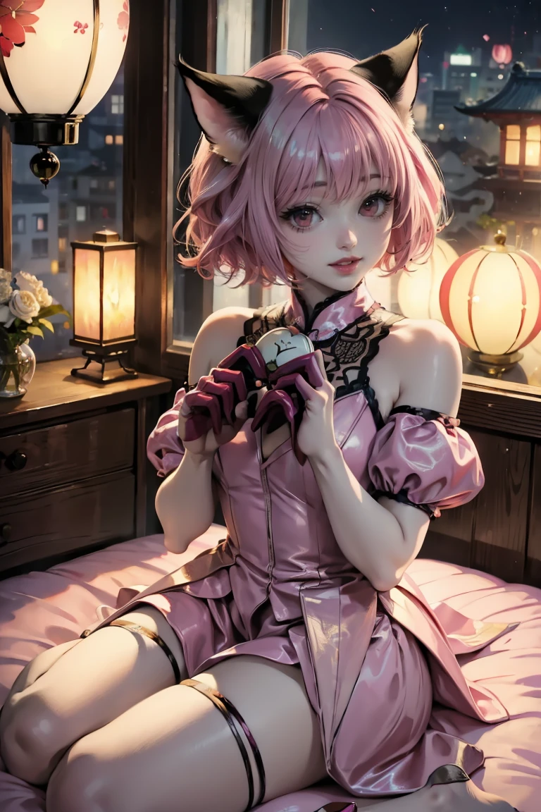 Ichigo Momomiya, Tokyo Mew Mew, white roses, ornament hair, white roses on her hair, cat ears, a cat girl, holding a strawberry with chocolate, perfectly body, perfectly hands, pink hair, flowing hair, short hair, seat on a bed, chinese home style, oriental architecture, gold lantern, white dress, more details on her clothes, golden details, night, smiling, pink dress,