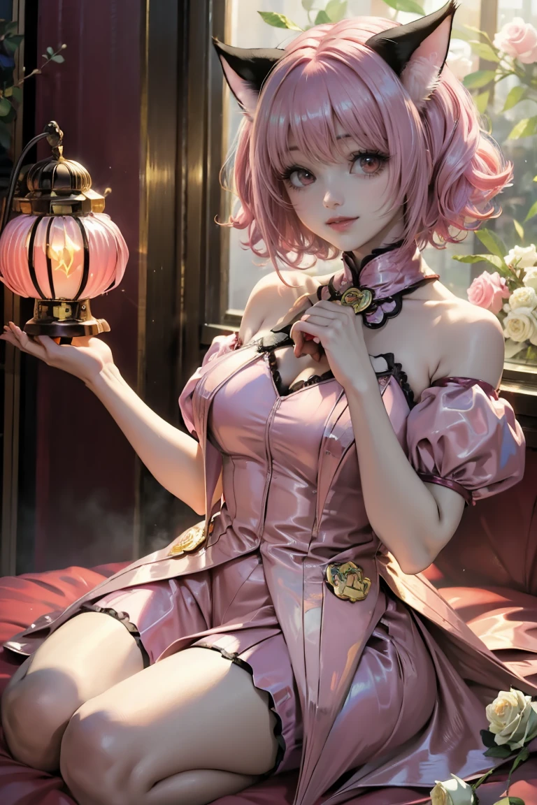 Ichigo Momomiya, Tokyo Mew Mew, short hair, pink hair, ornament hair, cat ears, perfectly body, perfectly hands, flowing hair, maid, maid dress, maid headdress, maid apron, white apron, holding a lantern, Chinese lantern, shrine scenery, red roses on focus, gold lantern, Chinese style, Chinese maid dress, marsala dress, more details on her clothes, black dress with transparency, golden details, night, smiling, ((4k, masterpiece, top-quality)),8k, best quality, high resolution, HD, (illustration:0.8), super cute girl, delicate and beautiful face, mature girl, super cute hairstyle, (beautiful detailed eyes:1.6), extremely detailed face, perfect lighting, extremely detailed CG, (perfect hands, perfect anatomy), Best quality, cleavage, small skirt, full Body, two arms, two legs, two hands, five fingers