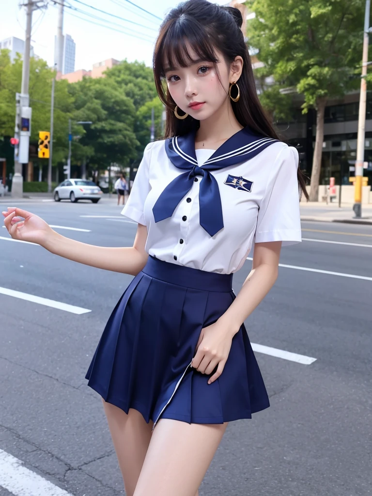 Beautiful woman、cute、Nice body、Big Tits、Earrings、Are standing、Super mini skirt, short sleeve sailor uniform with ribbon on the chest、On the streets of the city、(Shiny skin:1.3)、From the thigh up、from the front