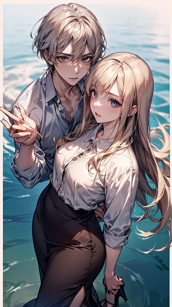 ((Biologically correct limb count))、((whole body including face))、4K、Masterpiece、((Focus on the face))、((Symmetrical, well-proportioned facial features))、Eyes with delicate depictions、(((1 person)))、Beautiful woman、Outstanding style、Slender Body、((Long flared skirt、shirt、(High heels)))、(Embarrassed look）、(Close-up photo of the upper body）、High angle、Photo with white border、Standing on the surface of a misty lake、