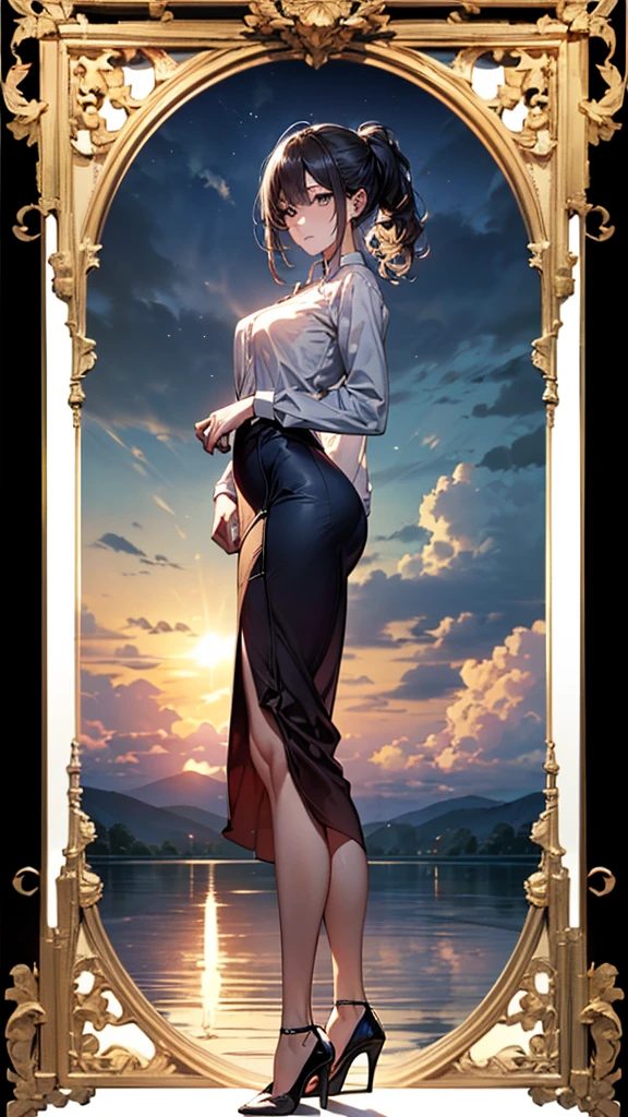 ((Biologically correct limb count))、((whole body including face))、4K、Masterpiece、((Focus on the face))、((Symmetrical, well-proportioned facial features))、Eyes with delicate depictions、(((1 person)))、Beautiful woman、Outstanding style、Slender Body、((Long flared skirt、shirt、(High heels)))、(Embarrassed look)、(Close-up photo of the upper body)、High angle、Photo with white border、Standing on the surface of a misty lake、