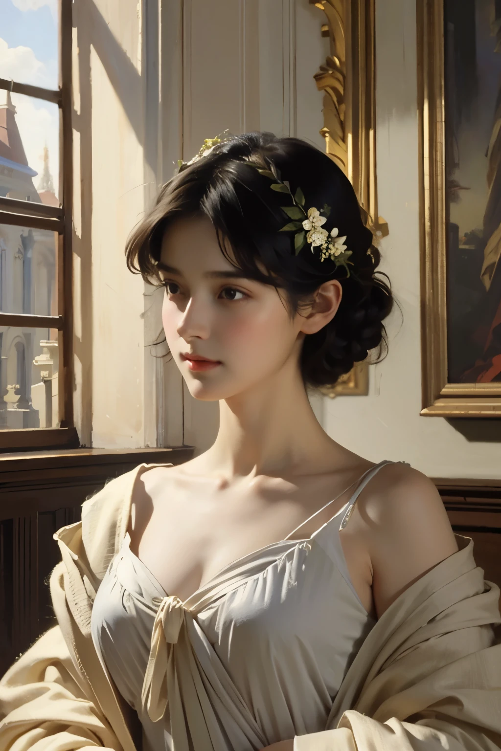 (masterpiece), (highest quality), oil, classical painting, 1 girl, portrait, bare shoulders, (beautiful evening dress:1.2), flowers、(Sargent oil painting)、(highest quality、masterpiece)、 Realistic, photorealist,solo,beautiful face、lifelike face、black haired、short hair、beautiful hairstyle、 real looking skin、beautiful skin、attractive、Cute blouse、 Upper body,detailed,dark background,Backlight、soft light、Inspired by Edmund Leighton,