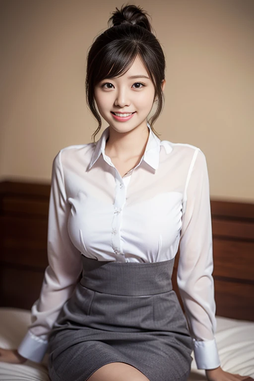 a gorgeous lady, age 22, Formal Skirt Suit with Blouse, posing naturally on a bed, dimpled smile, short ponytail, cute snaggleteeth, ample round bosom, photorealistic, beautiful detailed eyes, hyper-realism, high contrast, ultra HD, realistic skin textures, top image quality, top-quality, super high resolution, fine details, very meticulously, bokeh background
