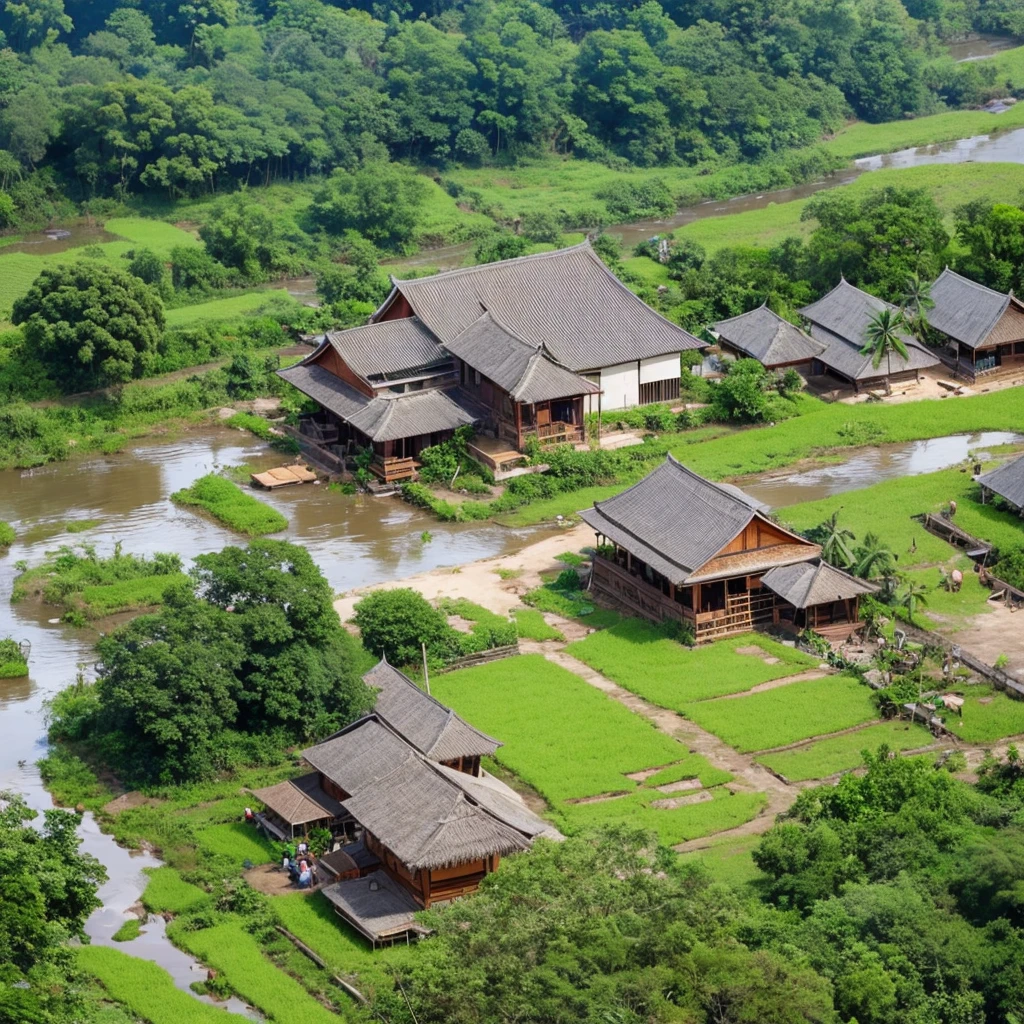 capture from above head, high angle shot. a typical malay villagers gathering around. an oldman put machete on trex neck, a lot of people watching. traditional malay house, paddy field, coconut tree, cow, goat ,chicken background.